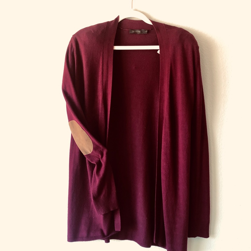[the limited] maroon cardigan with suede patches